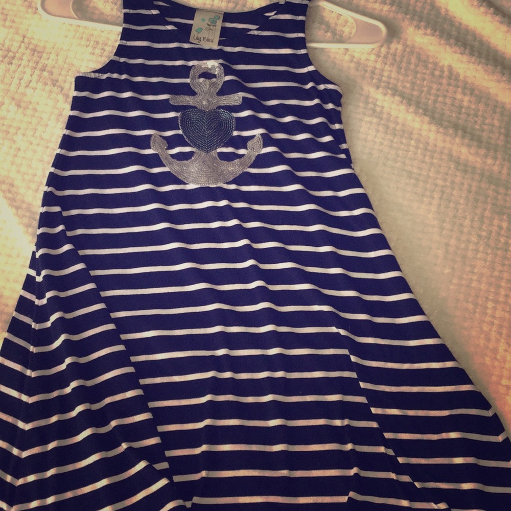 Navy blue dress with white stripes